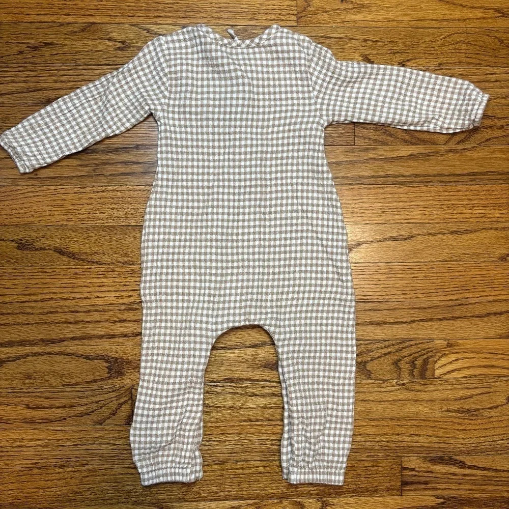 Quincy Mae Tan and White Gingham Woven Jumpsuit, 18-24 months